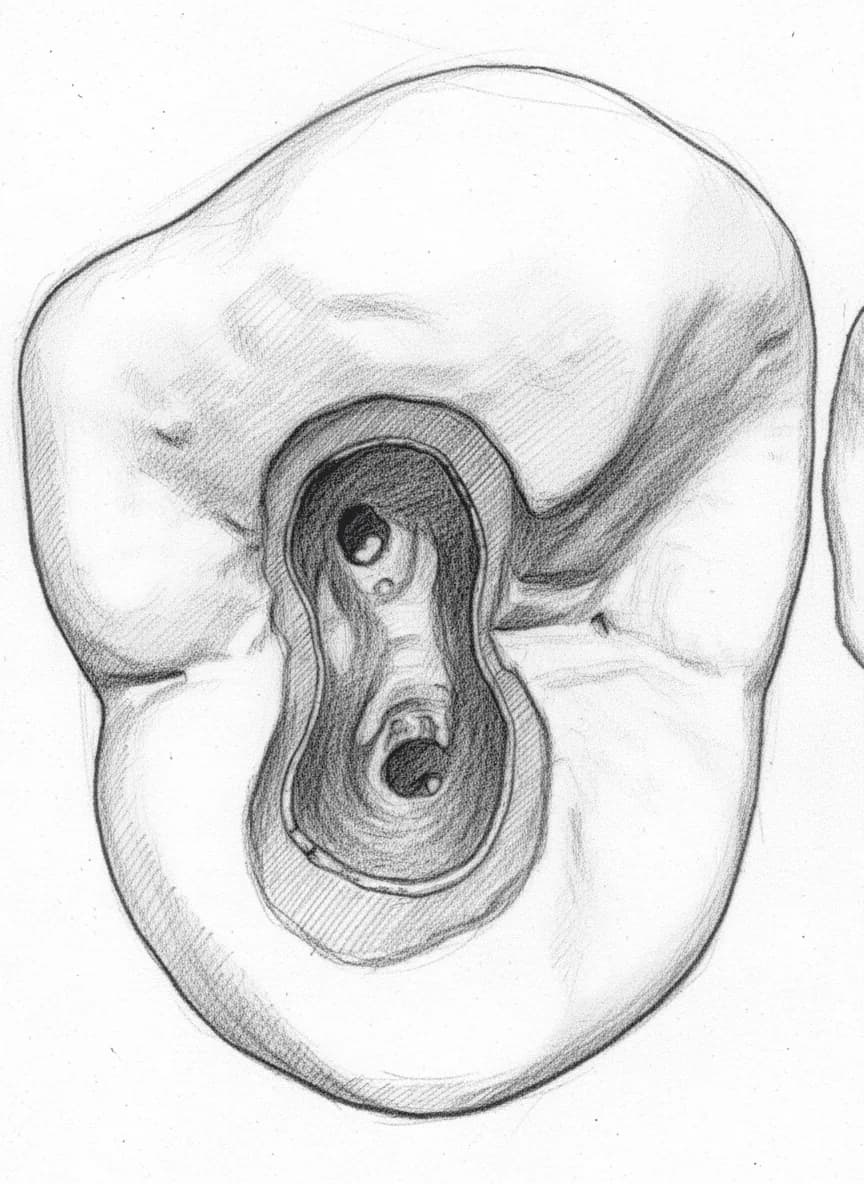 Maxillary First Premolar - Axial View showing ovoid access cavity with buccal and palatal canals